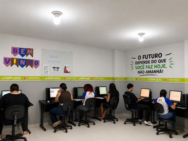 Turma do curso de informática em Anápolis durante aula prática, com um aluno por computador Turma do curso de informática em Anápolis durante aula prática, com um aluno por computador
